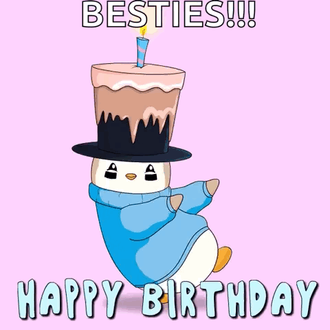 Penguin In Top Hat Holding Cake GIF