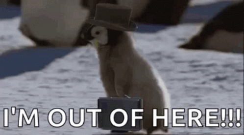 Penguin in Top Hat With Briefcase Saying I'm Out of Here