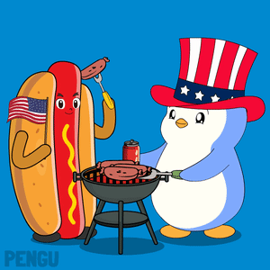 Penguin in Uncle Sam Hat Cooking Hot Dog
