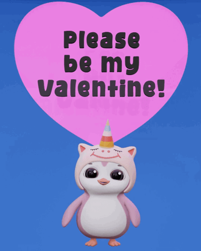 Penguin in Unicorn Costume Holding Heart Please Be My Valentine