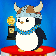 Penguin in Viking Helmet Holding Trophy