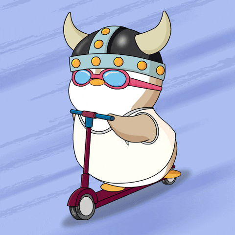 Penguin in Viking Helmet Riding Scooter