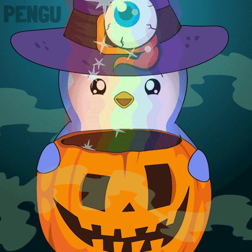 Penguin in Witch Hat Holding Pumpkin with Eye