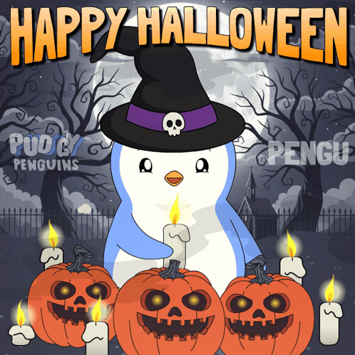 Penguin in Witch Hat With Pumpkins and Candles Happy Halloween