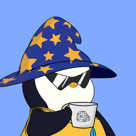 Penguin in Wizard Hat and Sunglasses Holding Coffee and Phone
