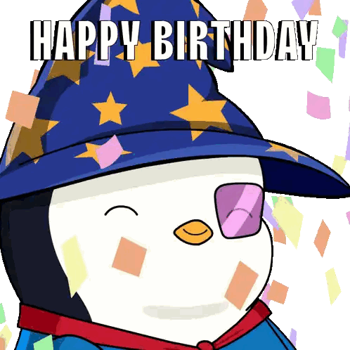 Penguin in Wizard Hat and Sunglasses Saying Happy Birthday