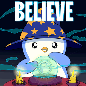 Penguin In Wizard Hat Holding Crystal Ball With Believe Sign GIF