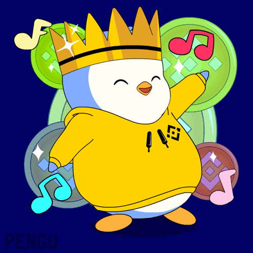 Penguin In Yellow Hoodie And Gold Crown With Music Notes GIF