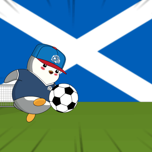 Penguin Kicking Soccer Ball With Flag GIF