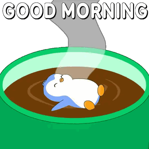 Penguin Laying in Coffee Cup Good Morning