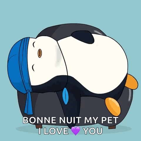 Penguin Laying on Couch Saying Bonne Nuit My Pet I Love You