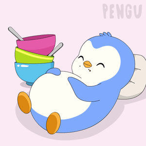 Penguin Laying On Pillow Next To Bowls Saying Pengu GIF