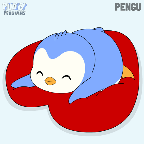 Penguin Laying On Red Pillow With Puddy Penguins GIF