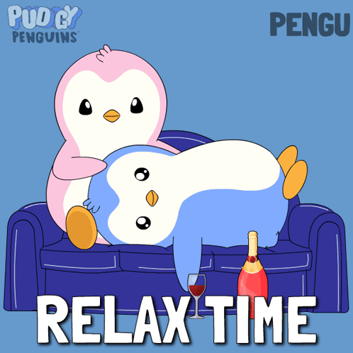 Penguin Lying On Pink Pillow Saying Relax GIF