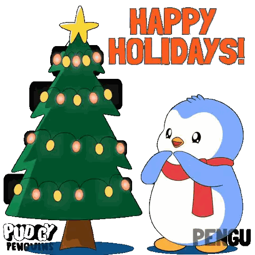 Penguin Next To Christmas Tree Happy Holidays
