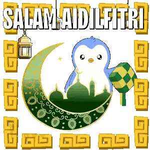 Penguin on Crescent Moon Salam Aidilfitri