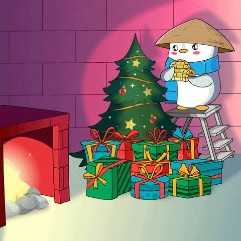 Penguin On Ladder Next To Gifts And Christmas Tree GIF