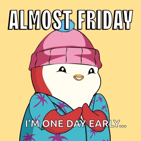 Penguin Pink Hat Blue Sweater Saying Almost Friday
