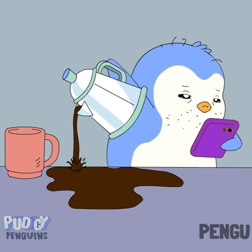 Penguin Pouring Coffee While Looking At Cell Phone GIF
