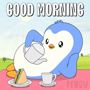 Penguin Pouring Tea Next to Sandwich and Coffee