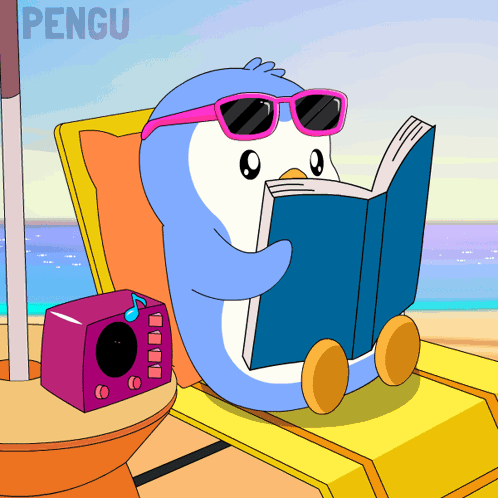 Penguin Reading Book Beside Purple Box Saying Pengu