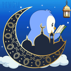 Penguin Reading Book on Crescent Moon
