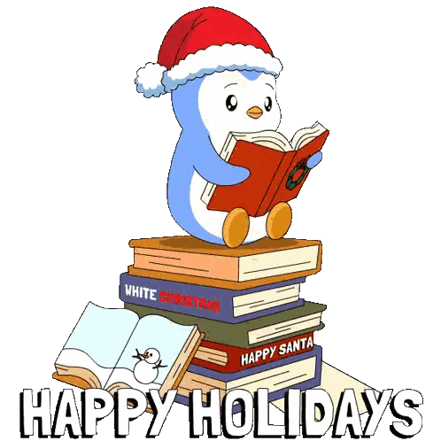 Penguin Reading Book on Pile of Books