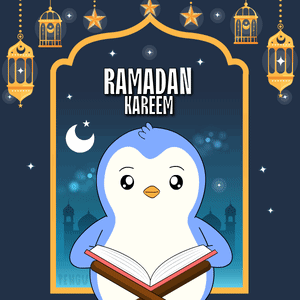 Penguin Reading Book Saying Ramadan Kareem