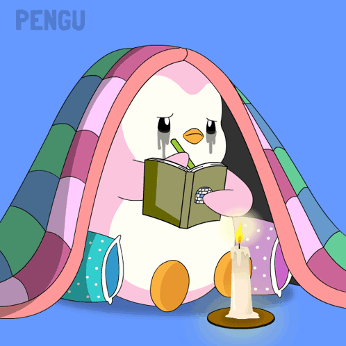 Penguin Reading Book Under Blanket With Word Pengu GIF