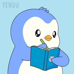 Penguin Reading Book with Pencil in Mouth