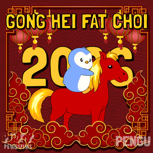 Penguin Riding Red Horse Gong Hei Fat Cho
