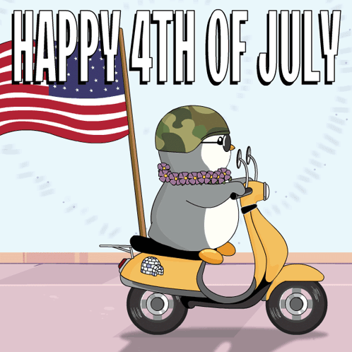 Penguin Riding Scooter With American Flag Happy 4th of July