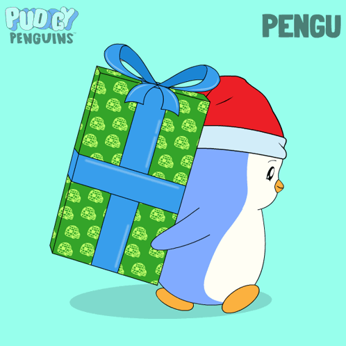 Penguin Santa Hat Carrying Gift Box Bow GIF