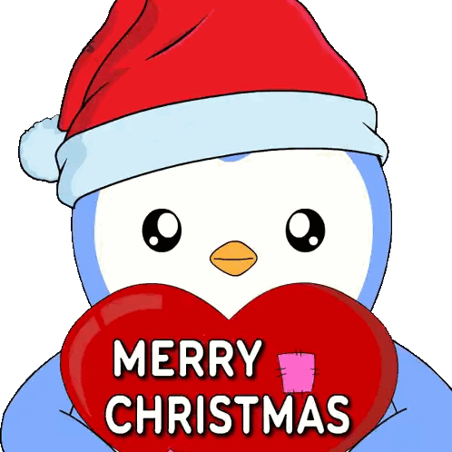 Penguin Santa Holding Merry Christmas Heart