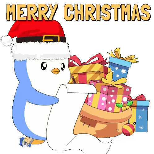 Penguin Santa Holds List and Says Merry Christmas