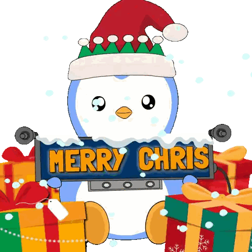 Penguin Santa Holds Merry Chris Sign