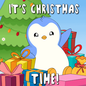 Penguin Sits in Front of Christmas Presents Its Christmas Time