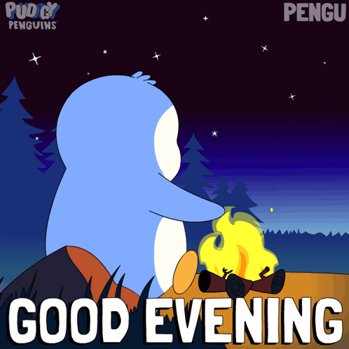 Penguin Sitting Around Campfire Good Evening