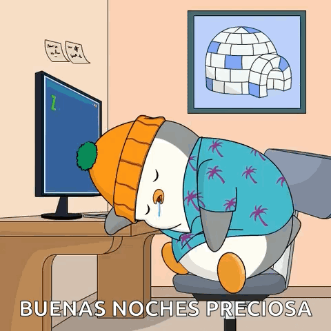 Penguin Sitting at Computer Saying Buenas Noches Preciosa