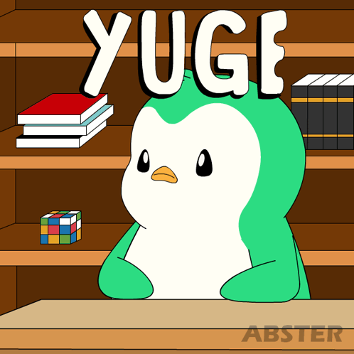 Penguin Sitting at Table with Bookshelf and Yuge Above
