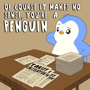 Penguin Sitting at Table with Tariff Papers