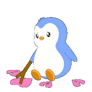 Penguin Sitting Holding Branch and Pink Shoes