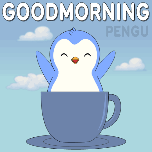 Penguin Sitting In Cup Saying Good Morning GIF