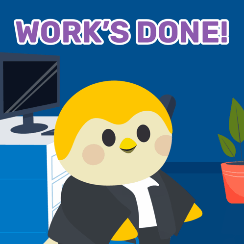 Penguin Sitting In Front Of Computer Saying Work's Done GIF