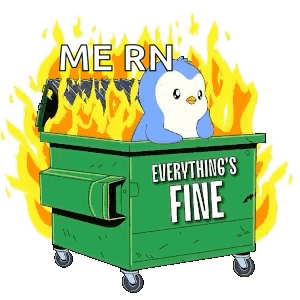 Penguin Sitting in Green Dumpster Saying Everything's Fine