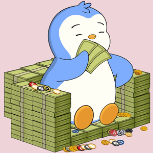 Penguin Sitting in Money Holding Dollar