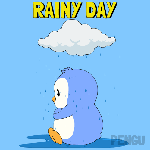 Penguin Sitting in Rain Saying Rainy Day
