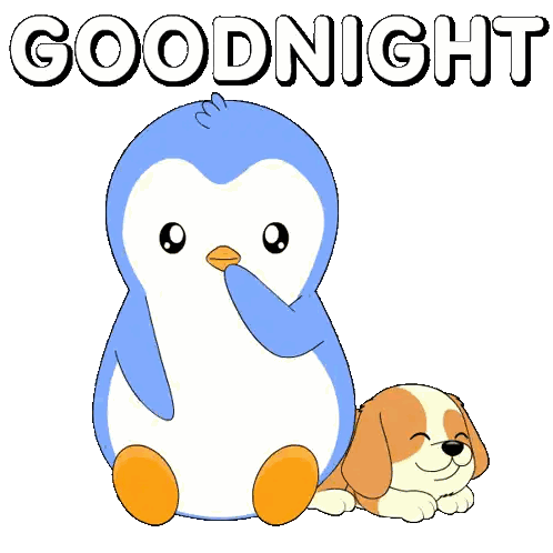 Penguin Sitting Next to Dog Saying Goodnight