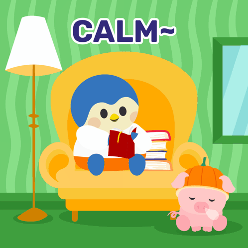 Penguin Sitting on Couch Reading Book