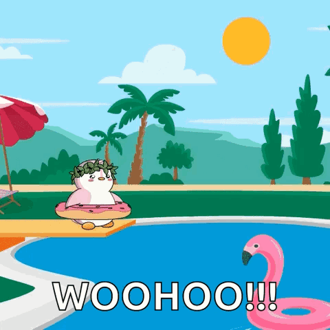 Penguin Sitting on Diving Board Next to Flamingo Float